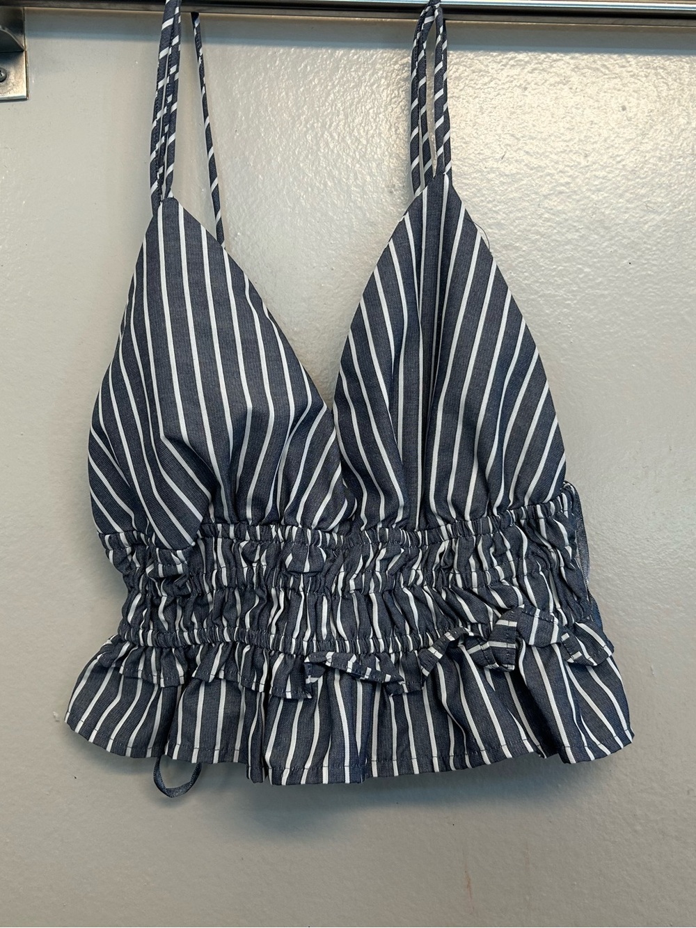Striped Navy & White Ruffle Crop Top by SIM & SAGE